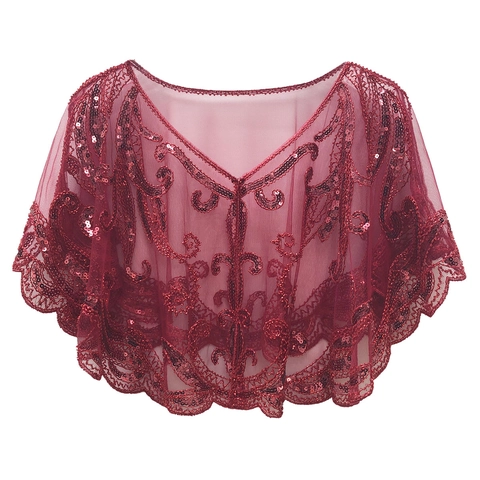 Vintage 1920s Sequin Mesh Capelet Shawl Evening Wedding Party Scalloped Embroidery V-Neck Deco Gatsby Wrap For Women
