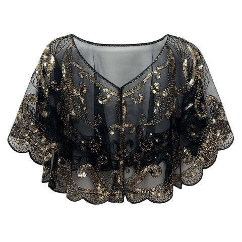 Vintage 1920s Sequin Mesh Capelet Shawl Evening Wedding Party Scalloped Embroidery V-Neck Deco Gatsby Wrap For Women