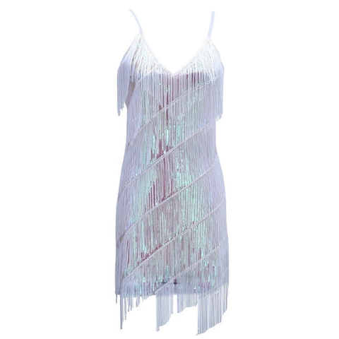 Damen Vintage Pailletten Quaste Kleid Sexy V-Ausschnitt Spaghetti Träger Latein Tanz Flapper Performance Kleid Für Party Bankett Bühne