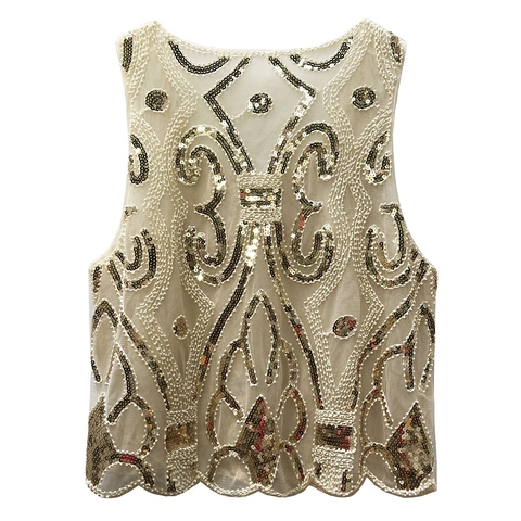 Camiseta de Tirantes Vintage con Lentejuelas y Cuentas Mujer Sexy Malla Sin Mangas Cuello Redondo Borde Festoneado Fiesta Club Albaricoque