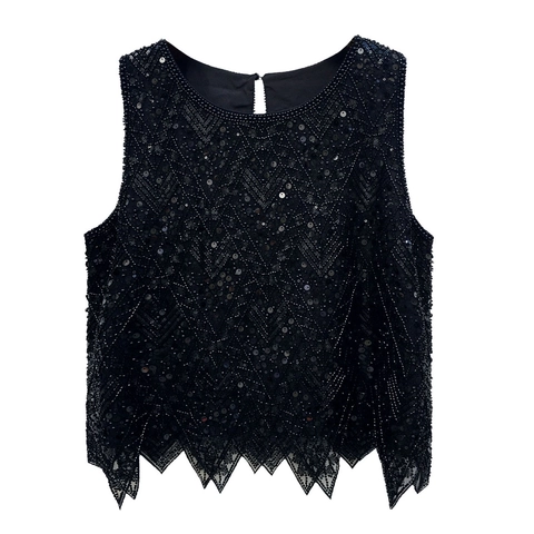 Damen Pailletten Perlen Tanktop Rundhals Ärmellos Weste Netz Geometrisches Muster Gezackter Saum Elegant Party Abendtop