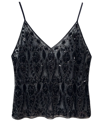 Damen Sexy Pailletten V-Ausschnitt Camisole Tank Top Schwere Stickerei Perlen Netz Durchsichtig Party Nachtclub Top