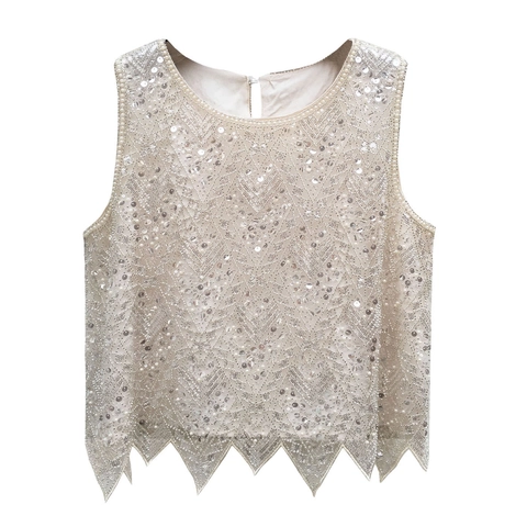 Damen Pailletten Perlen Tanktop Rundhals Ärmellos Weste Netz Geometrisches Muster Gezackter Saum Elegant Party Abendtop