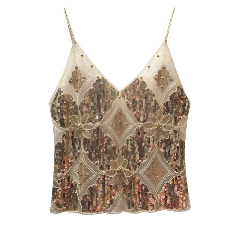 Women V Neck Sequin Camisole Tank Top Beaded Mesh Sparkly Floral Glitter Party Club Vest
