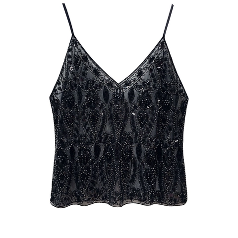 Women Heavy Duty Sequin V Neck Cami Top Luxury Mesh Artificial Pearl Embroidered Sleeveless Tank Top Party Clubwear Streetwear