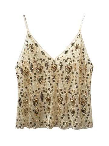 Damen Sexy Pailletten V-Ausschnitt Camisole Tank Top Schwere Stickerei Perlen Netz Durchsichtig Party Nachtclub Top