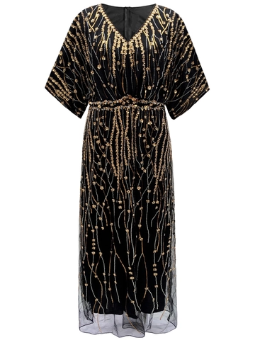 Damen Vintage 1920er Jahre Gatsby Abendkleid V-Ausschnitt Pailletten Perlen Maxi Kleid Schmetterlingsärmel Elegantes Partykleid