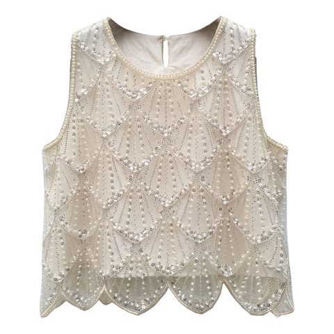 Elegant Beaded Sequin Tank Top Women Luxury Artificial Pearl Sleeveless Round Neck Scalloped Hem Vest For Party Banquet Clubwear