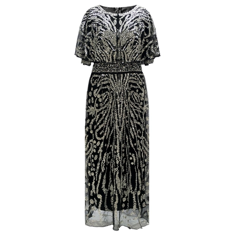 Vestido de Noche de Lujo con Lentejuelas y Cuentas Art Deco Tul de Malla Cintura Alta Vestido Largo Adelgazante para Mujer Fiesta
