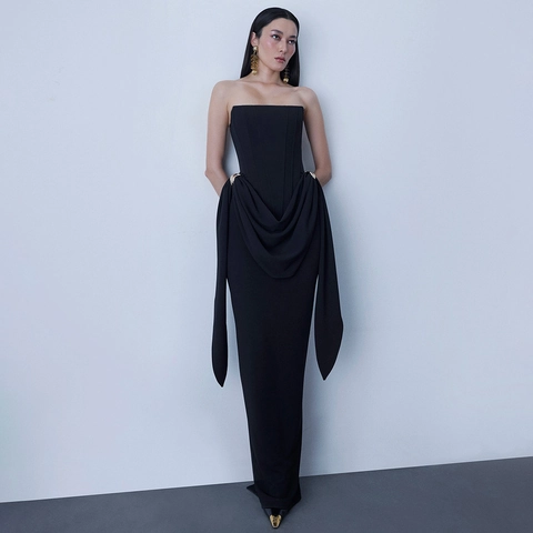 Abito da Sera Rétro Francese di Lusso Senza Spalline con Schiena Scoperta Donna Sexy Bodycon Maxi Abito con Nastri Decor Metallo