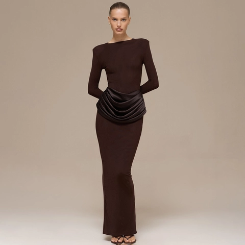 Dames Sexy Geplooide Lange Mouw Maxi Jurk Schoudervulling Satijn Detail Bodycon Elegant Avond Feest Jurk Hoge Split