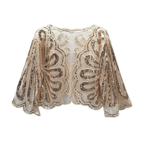 Dames Vintage Pailletten Bolero Sjaal Gatsby Stijl Kralen Mesh Cardigan Kort Jasje Voor Bruiloft Avondfeest Jurk Accessoire