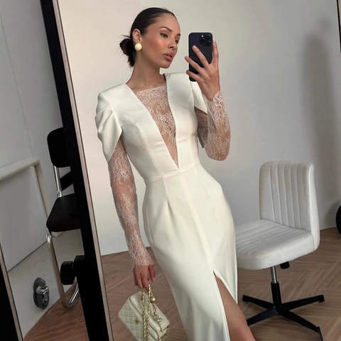 Dames Sexy Diepe V-hals Kant Patchwork Maxi Jurk Elegant Lange Mouw Hoge Split Slim Fit Avondjurk