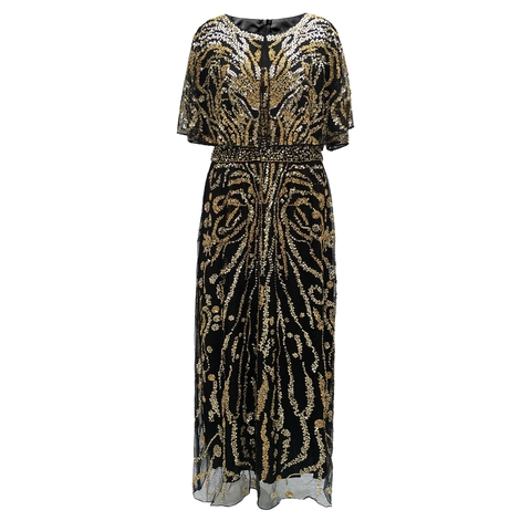 Vestido de Noche de Lujo con Lentejuelas y Cuentas Art Deco Tul de Malla Cintura Alta Vestido Largo Adelgazante para Mujer Fiesta
