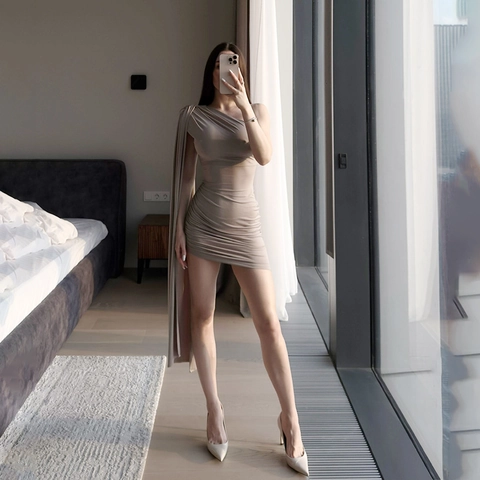 Abito Mini Bodycon a Monospalla Sexy da Donna con Fascia Drappeggiata Abito da Festa Asimmetrico Senza Maniche