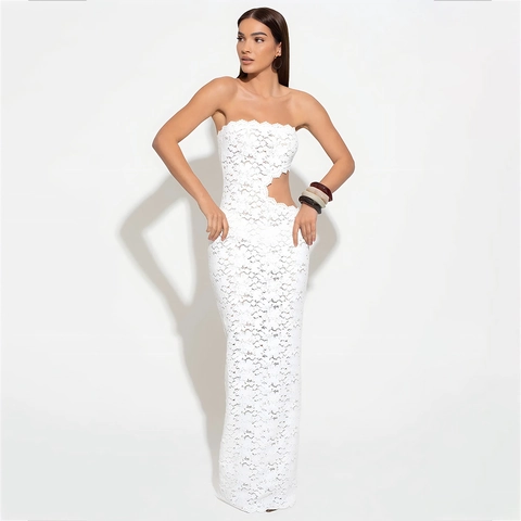 Vestido Maxi de Encaje Sexy para Mujer Elegante con Calados Bodycon Vestido Largo Color Sólido Sin Mangas Fiesta Noche