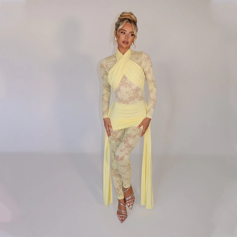 Vrouwen Sexy Criss Cross Hals Kant Lange Mouw Jumpsuit Geplooid Patchwork Bodycon Lange Broek Romper Met Lint Feest Clubwear