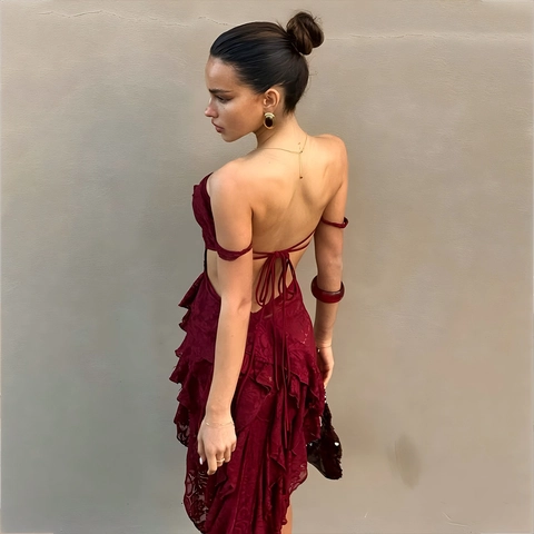 Sexy Spitze Schulterfreies Kleid Für Damen Asymmetrischer Rüschensaum Rückenfrei High Low Maxi Partykleid Elegante Abendrobe Sommer