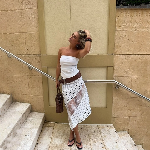 Women Casual Polka Dot Midi Skirt Asymmetric Lace Patchwork Perspective Sexy Beach Vacation Skirt For Summer Holiday