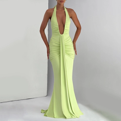 Damen Halter Tiefer V-Ausschnitt Rückenfrei Gerafft Maxikleid Sexy Bodycon Mermaid Langes Kleid Party Abend Hochzeit Einfarbig