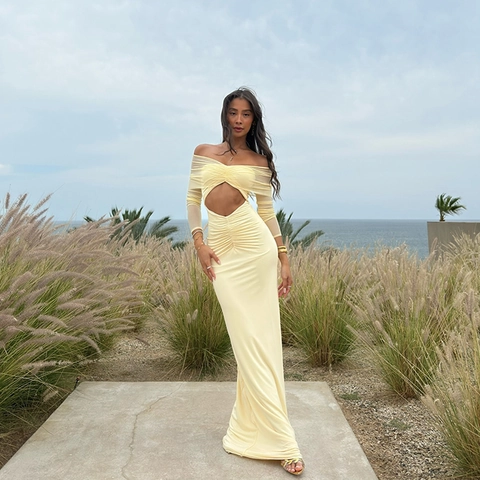 Women Sexy Off Shoulder Hollow Out Ruched Maxi Dress Mesh Long Sleeve Bodycon Long Dress Party Clubwear Solid Color Evening Gown