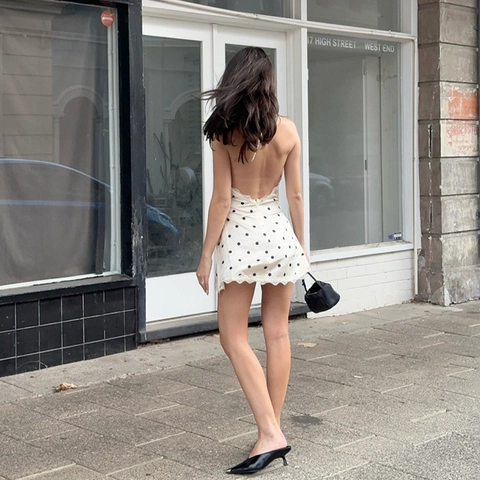Donna Vestito Mini Halter in Satén a Pois Sexy Schiena Scoperta Bordo in Pizzo Senza Maniche Bianco Nero Estate Retro Aderente