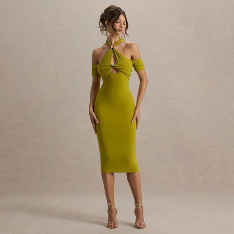 Vestido Sexy Bodycon Largo Midi con Cuello Halter para Mujer con Hueco Hombros Descubiertos y Decoración de Metal Ropa de Club