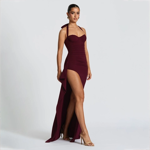 Sexy Halter Neck Bodycon Maxi Dress For Women High Slit Pleated Backless Evening Party Gown Solid Sleeveless Clubwear