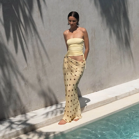 Damen Sommer Sexy Trägerloses Tube Top Und Polka Dot Chiffon Maxirock Mit Hoher Taille Slim Fit Urlaub Clubwear Outfit