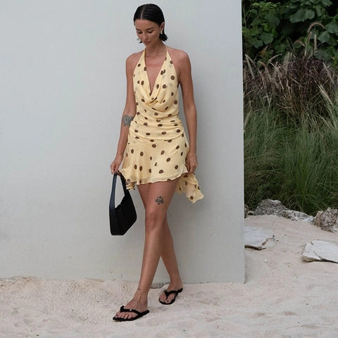 Sexy Damen Neckholder Rückenfreies Polka Dot Minikleid Ärmellos V Ausschnitt Rüschen Unregelmäßiger Saum Chiffon Urlaub Strand Kleider