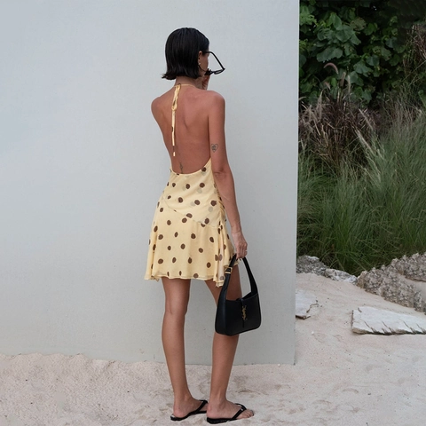 Sexy Damen Neckholder Rückenfreies Polka Dot Minikleid Ärmellos V Ausschnitt Rüschen Unregelmäßiger Saum Chiffon Urlaub Strand Kleider