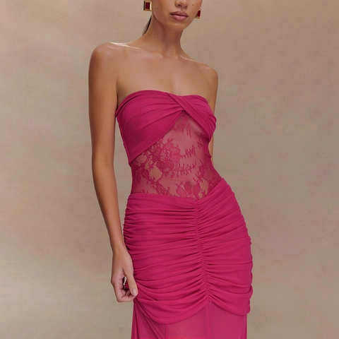 Damen Sexy Raffung Maxi Kleid Netz Spitze Patchwork Bandeau Rückenfrei Durchsichtig Bodycon Langes Partykleid Für Die Nacht