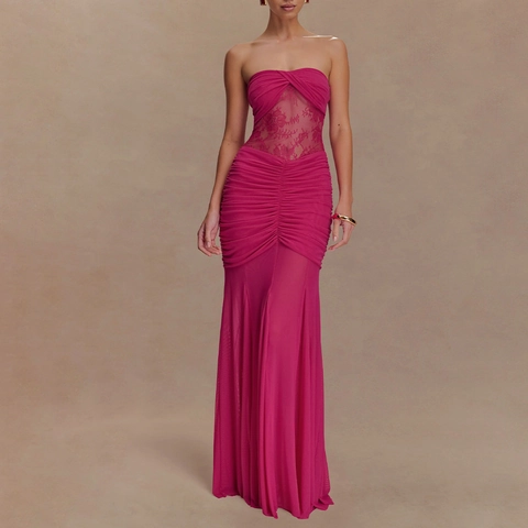 Damen Sexy Raffung Maxi Kleid Netz Spitze Patchwork Bandeau Rückenfrei Durchsichtig Bodycon Langes Partykleid Für Die Nacht