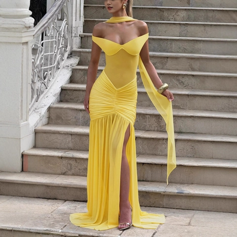 Women Sexy Mesh Patchwork Ruched High Slit Maxi Dress Elegant Tube Top Off Shoulder Solid Evening Party Bodycon Long Dress