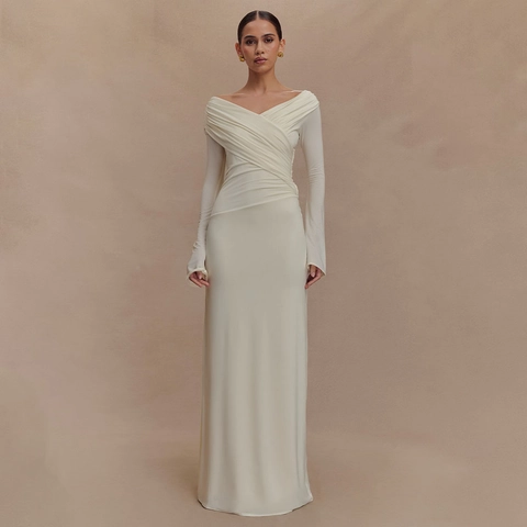 Vestido Maxi Elegante de Manga Larga para Mujer Ajustado Color Sólido Cuello en V Bodycon Fiesta Noche Vestido Formal