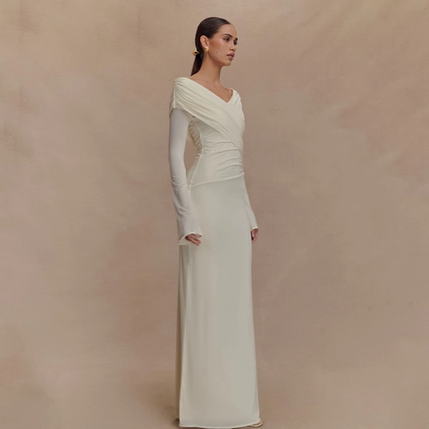 Vestido Maxi Elegante de Manga Larga para Mujer Ajustado Color Sólido Cuello en V Bodycon Fiesta Noche Vestido Formal