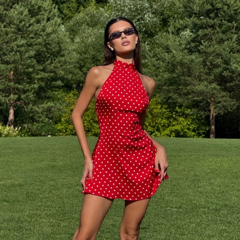 Abito Mini a Pois Stile Francese Scollo Halter Schiena Scoperta per Donna Estate Sexy Aderente Raso Linea A Vestito Festa