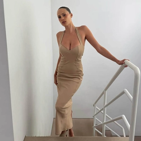 Dames Halternek Rugvrij Splitzoom Bodycon Midi Jurk Sexy Effen Kleur Polyester Spandex Slim Fit Mouwloos Feestjurk