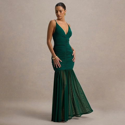 Vestido Maxi de Sirena con Escote en V Fruncido y Espalda Descubierta para Mujer Elegante Color Sólido Patchwork de Malla Largo de Noche