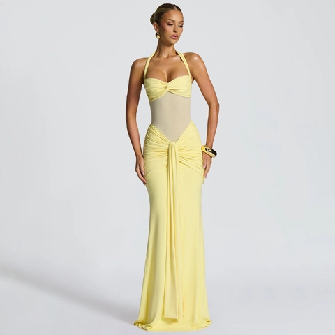 Sexy Halter Neck Maxi Dress For Women Mesh Stitching Ruched Bodycon Slim Fit Floor Length Solid Color Backless Summer Gown