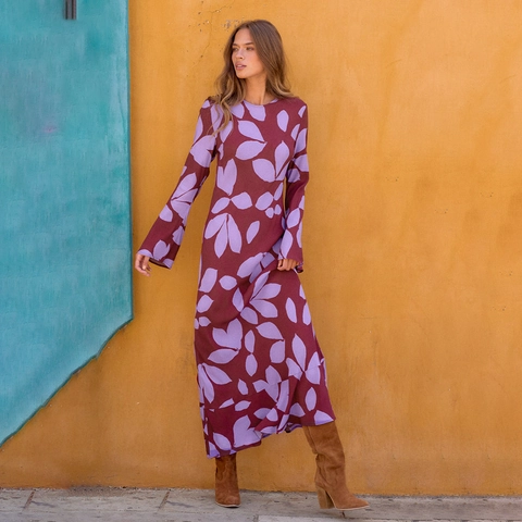 Women Vintage Floral Print Round Neck Long Sleeve Maxi Dress Bohemian High Waist Bell Sleeve Polyester Spandex Long Dress