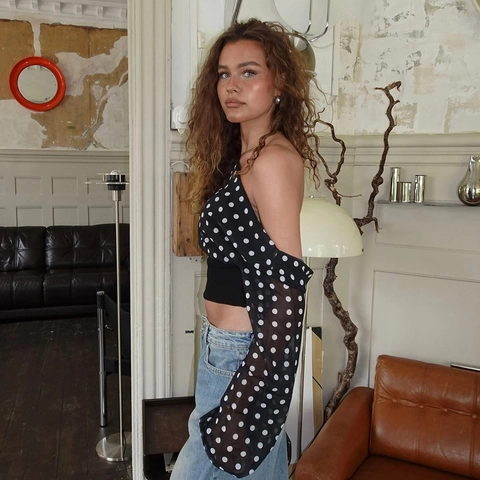 Maglietta in Chiffon a Pois da Donna Sexy con Schiena Scoperta e Lacci Crop Top Scollo Obliquo Manica Lunga Patchwork