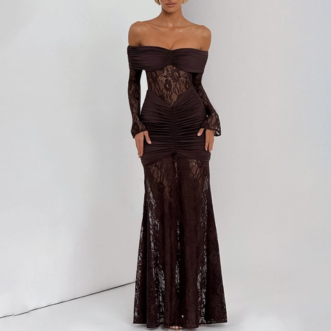Abito Lungo da Donna Elegante con Spalle Scoperte in Pizzo Patchwork Sexy Arricciato Aderente a Maniche Lunghe per Feste