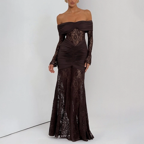 Abito Lungo da Donna Elegante con Spalle Scoperte in Pizzo Patchwork Sexy Arricciato Aderente a Maniche Lunghe per Feste