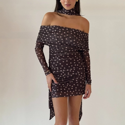 Women's Elegant Polka Dot Mesh Mini Dress Off Shoulder Ruched Backless Long Sleeve Bodycon Dress With Matching Choker