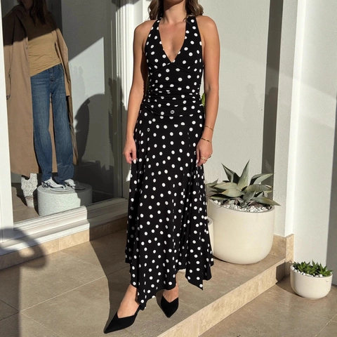 Robe Longue Maxi à Pois Col en V Dos Nu Style Français Doux Femme Été Plissé Élégant Ligne A Robe de Plage