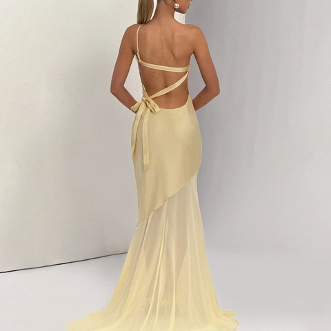 Donna Sexy Monospalla Schiena Scoperta Vestito Lungo da Sera Satin Rete Patchwork Aderente Sirena Abito Festa Giallo Bianco
