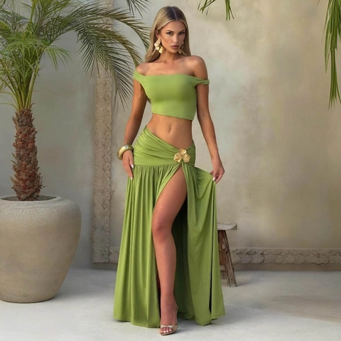Women Sexy Two-Piece Set Solid Off-Shoulder Crop Top And High Waist Side Slit Maxi Skirt With Gold Flower Decor