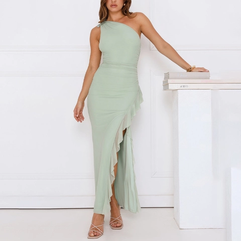Women Sexy One Shoulder Ruched Maxi Dress Bodycon Side Slit Ruffle Evening Party Elegant Solid Color Long Dress