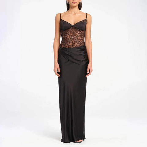 Sexy Schwarz Spitze Patchwork Trägerkleid Maxi Rückenfrei Durchsichtig Abendparty Formell Hoher Schlitz Satin Kleid Für Damen